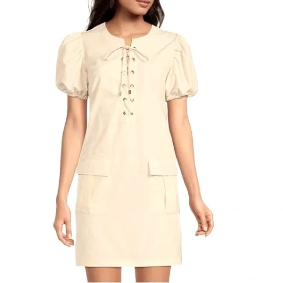 L T D Lace Up Front Slight Puff Short Sleeves Mini Dress. Cream (Stone)  Sz 8 - Picture 10 of 11
